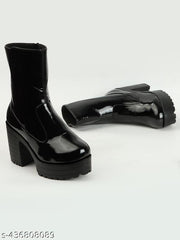 KLIEV PARIS Bold and Breezy Black Patent Leather Ankle Length Heeled Boots for Women & Girls