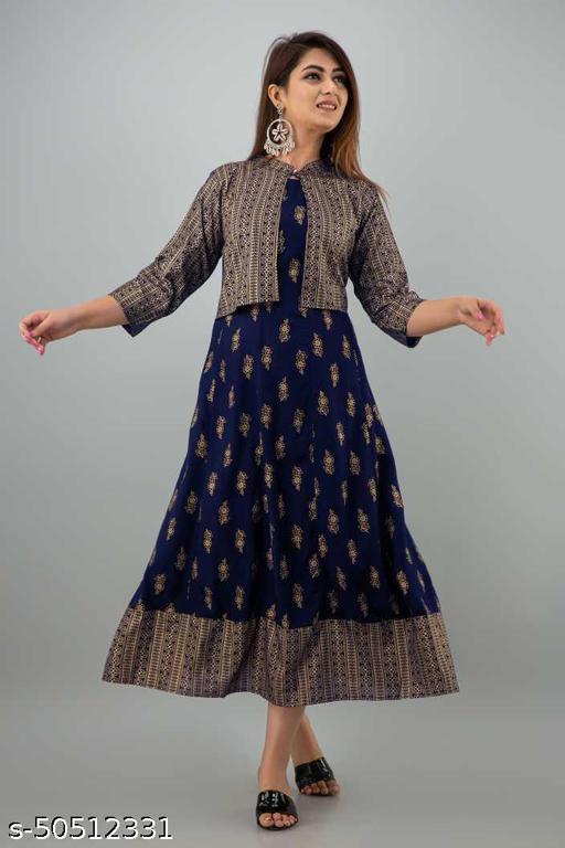 Women Printed A-line Kurti with Jacket  (Navy Blue)