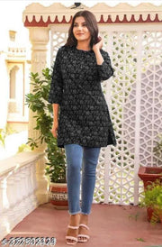 Black Short Kurti, Printed Rayon Kurti For Women, 3/4 Sleeves Kurti for Women & Girls, Party Wear Kurti for Women
