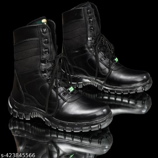 Genuine Leater Long Army Boot Lace Up For Men  (Black)