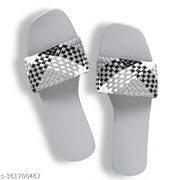 Sosu Women Stylish Grey Black Silver Woven Sliders | Designer Flat Slippers for Women | Trendy Party Wear Fancy Sandals | Comfortable Daily Wear Slides | Lightweight Fashion Chappal