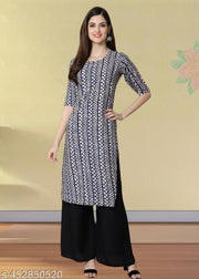 Casual American Crepe Round-Neck 3/4 Length Sleeves Chevron Printed Straight Navy Blue Kurti (45"Inches)