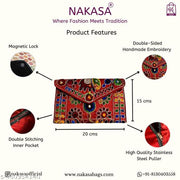 NAKASA Women's Jaipuri Handmade Damru Embroidery Small Red Clutch Cum Sling Bag