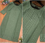 Women's Chikankari Kurti (Calf Length, 3/4th Sleeve)/ Green Kurti