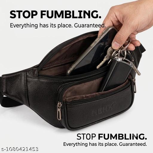 Waist Bag for Men and Women | Premium Black Faux Leather Waist Pouch with Adjustable Belt | Stylish Fanny Pack with Multiple Zipper Compartments | Travel, Shopping, Gym, Casual & Outdoor Use