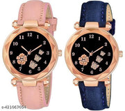 Analogue New Flower Print Dial Lathers Strap Girls and Womans Watches(Pink&Blue)