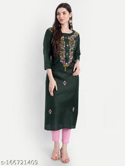 Bottle Green solid cotton blend straight kurta