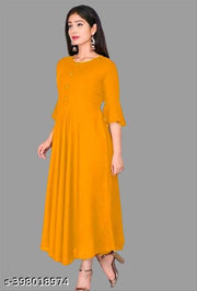 Stylis Fit and Flared New Fashionable Women Casual Solid Round Neck Anarkali Rayon Kurta (Mustard)