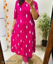 Women Pink Printed Kurti Pant Set | Stylish Printed Kurta Set for Women | 3/4 Sleeve Ethnic Kurti with Pant | Daily & Office Wear