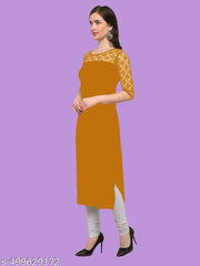 Casual American Crepe And Net Round-Neck 3/4 Length Sleeve Yellow Kurti (45"Inches)