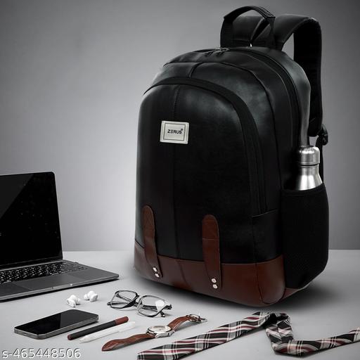 Black PU Leather Laptop Backpack 15.6 Inch for Men & Women Office College Travel Bag 30L