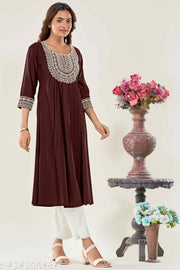 Glomee Presented Rayon Cotton Embroidery work Nayra cut kurta (BROWN)