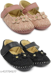 Neska Moda 6 To 12 Months Baby Girls Synthetic Leather Floral Baby Sandal Booties (Toe to Heel Length - 12 cm, Black, Peach)-BT1893andBT1895