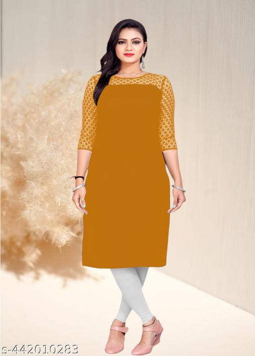 Casual American Crepe And Net Round-Neck 3/4 Length Sleeve Yellow Kurti (45"Inches)