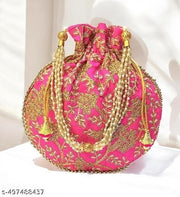 Women's Embroidered Silk Potli Bag with Pearl Handle & Drawstring Closure | Ethnic Bridal Clutch for Wedding, Party, Festive & Return Gift pack of 2