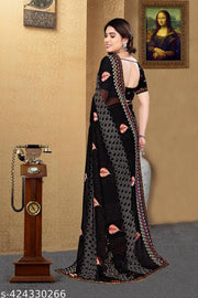 Black Saree with Lace Border, Comfortable Georgette Printed Daily Wear Saree with unstitched Blouse Piece, New Arrival Latest saree, Trending Saree