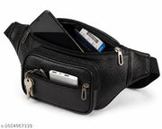 Premium PU Leather Waist Bag | Faux Leather Fanny Pack for Men & Women | Waterproof Travel Hiking Running Sports Belt Bag | Black