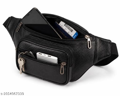 Premium PU Leather Waist Bag | Faux Leather Fanny Pack for Men & Women | Waterproof Travel Hiking Running Sports Belt Bag | Black