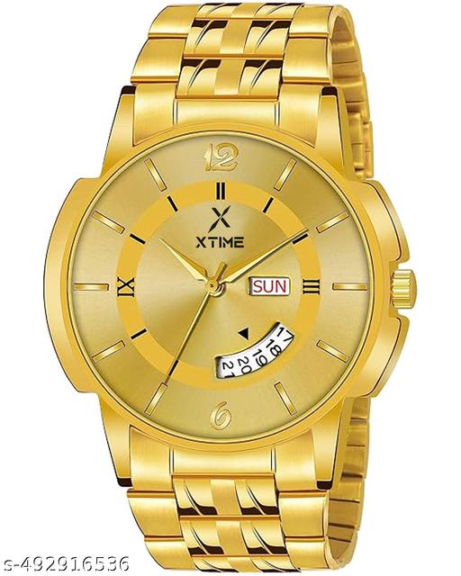 XTIME Analogue Day & Date Watch Round Gold Dial & Gold Chain for Men's & Boys