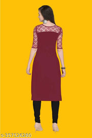 Casual American Crepe And Net Round-Neck 3/4 Length Sleeves Maroon Kurti (42"Inches)