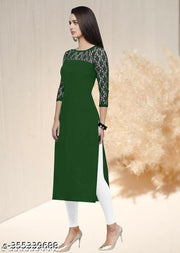Polyster/Crepe fabric-Casual And Round-Neck 3/4 Length Sleeves Dark Green Kurti (42"Inches)