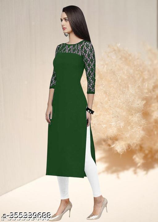 Polyster/Crepe fabric-Casual And Round-Neck 3/4 Length Sleeves Dark Green Kurti (42"Inches)