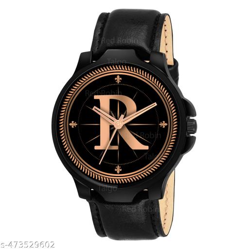 Prathshya Analog Round Black Dial ALPHABET R Design Stylish Black Leather Strap Classic Design Fancy Wrist Watch for Men and Boys, Pack of 1 - ALPHA-R-3K-BLK-L
