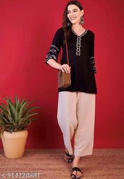 Latest Short Kurti for Women | Black Embroidered  Rayon V-Neck Kurti for Ladies