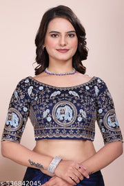 Women's Navy Blue Heavy Embroidered Silk Saree with Cutwork Border & Figure Designer Blouse Piece