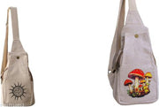 Natural Beige Hemp Sling Bag with Black Om Symbol & Red Mushroom Print | Eco-Friendly Crossbody Backpack for Men & Women | Adjustable Strap Travel College Casual Shoulder Bag