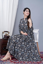 Women's Stylish Full Flair Anrakali Rayon Jaipur printed  Black Kurta