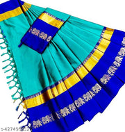PAITHANI STYLE ZARI BORDER SAREE  Hathi Design Cotton Silk Saree Elegant Elephant Border saree With Running Blouse Piece (Sea Green & Blue)