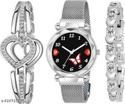 Dial Magnetic Strap Watch And Fancy Bracelet Combo Set Girls