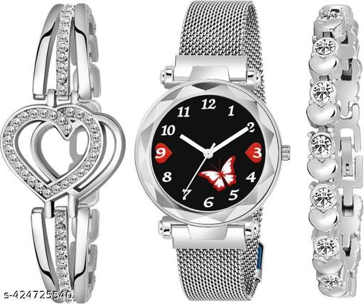 Dial Magnetic Strap Watch And Fancy Bracelet Combo Set Girls