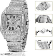 Htm Men's Fashion Crystal Luxury Big Face Square Full Bling Iced Diamond Bracelet Analog Watch - Silver