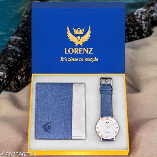 Lorenz Gift Combo Set of Blue Analog Watch & Hi-Quality Febric Feel PU Wallet for Men | CM-3091WL-54