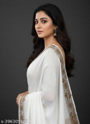Top trending latest simple plain party wear/wedding Women's Jacquard Weaving Plain White Cotton Silk Saree with Beige Thread Border | Elegant Traditional Ethnic Wear Saree