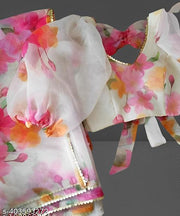 BollyWood Floral White Colour Digital OrganZa Print Saree Special For Hot Summer with Fully Stitched Blouse By Most Trusted Brand KRADDLE