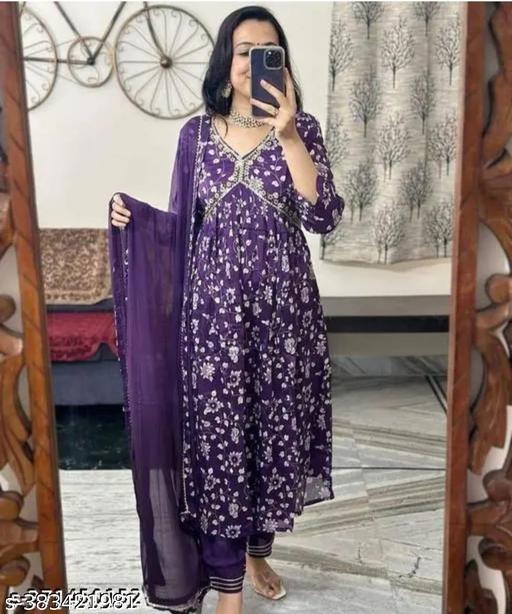 Women Floral Printed Aaliacut kurta, Pant and Dupatta set