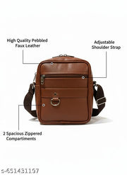 Unisex Retro Faux Leather Sling Bag | Compact Travel Side Bag with Multi-Pockets & D-Ring| Cross bady bag | Pure leather finish | Brown colour sling bag.
