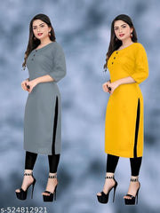 Plain Ethnic Pack of 2 American Regular Fit Kurta Round Neck New Stylish Casual Crepe Fabric Kurti For Women