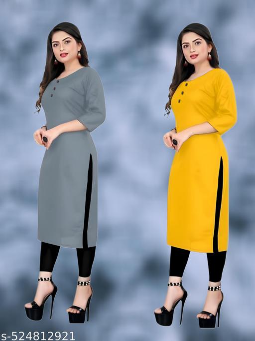 Plain Ethnic Pack of 2 American Regular Fit Kurta Round Neck New Stylish Casual Crepe Fabric Kurti For Women
