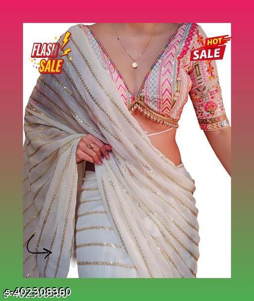 Georgette Embroidered Elegant White Color Sreee With Blouse || Saree For Women || Trending Saree For Women || Bollywood Stylish Fancy Party Wear Wedding Festive Bridal Sari