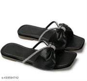 Women’s Stylish Black Square Toe Flats | Slip-On Sandals with Bow & Rhinestone Knot Accent | Lightweight Cushioned Sole Footwear for Office, Party, Shopping, Evening Outings, Casual & Semi-Formal Wear