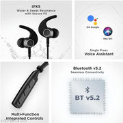 Palnek 235 Black Bluetooth 5.3 Neckband Earbuds with 40 Hours Battery Backup, Stereo Audio and Smart Connectivity