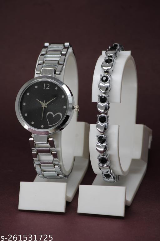 BUY 1 GET 1 FREE-Best Quality Ethnic Silver Metal Chain Belt Analog Watches for Women with Gorgeous Diamond Cosmic Bracelet for Girls