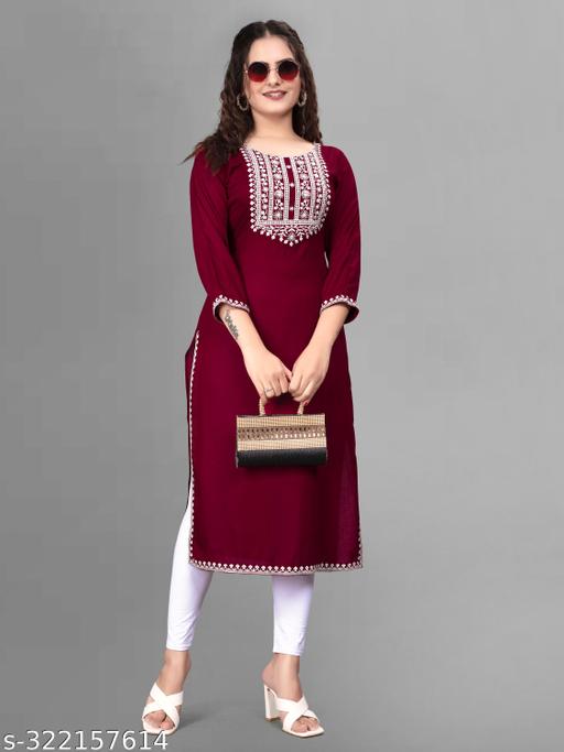 Women Embroidered Viscose Rayon A-line Kurta