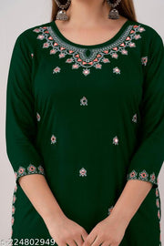 Women's Rayon Dark Green Embroidered  Straight Kurti For festive/Wedding Wear