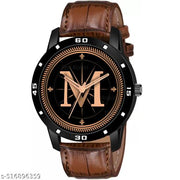 PS WATCHES Analog Round black Dial ALPHABET M Design Stylish brown Strap Classic Design Fancy Watch for Men and Boys, Pack of 1 ALPHABET M-AVO-BLK-DBRW-1