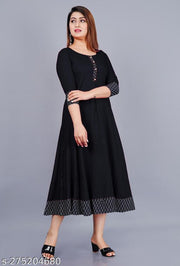 Unique Stylist Women's Solid Printed Round Pleated Flared Kurti (Black)